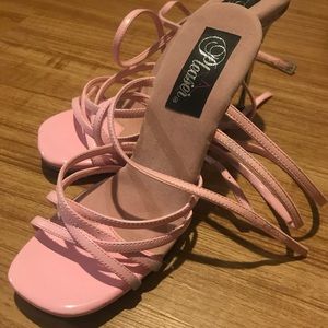 Pink high heels w/ double wrap ankle strap, clear/silver skinny heel